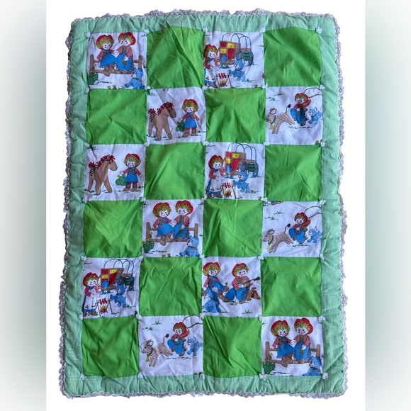 Handmade Other - Vintage Handmade Raggedy Ann and Andy Green Gingham Quilt Lace Trim 42”x30” Baby